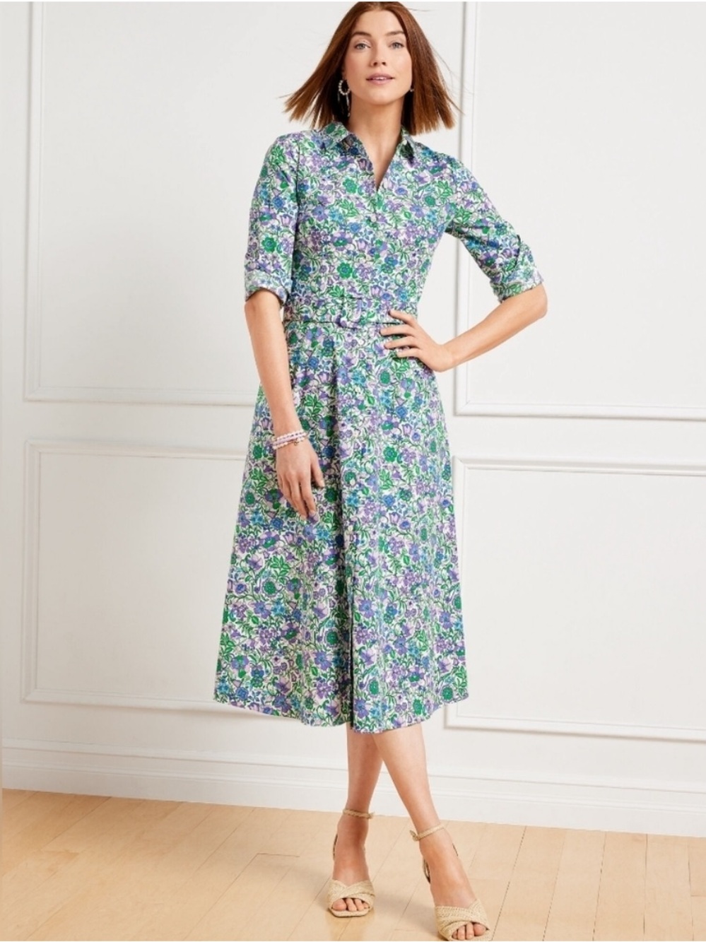 Talbots Fit & Flare Spring Fleur Poplin Shirtdress Size 12 NWT